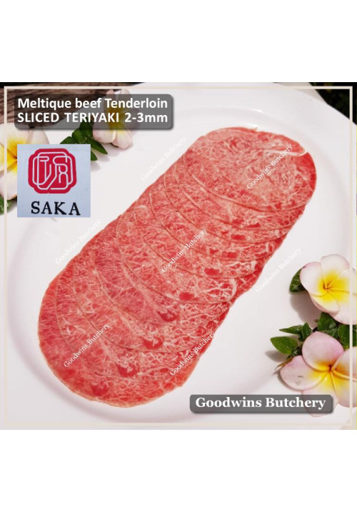 Beef Tenderloin Australia MELTIQUE meltik wagyu alike frozen brand SAKA diameter +/- 4" custom slice 2-3mm teriyaki yakiniku shabu2 sukiyaki stirfry price/pack 500gr (eye fillet mignon daging sapi has dalam)